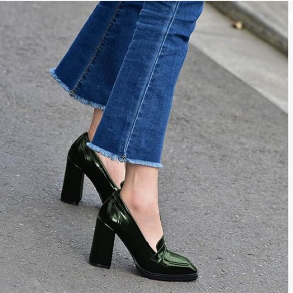FOWT Dark Green High Block Heels Loafers for Women Square Toe Pumps Walking Shoe - Picture 1 of 7